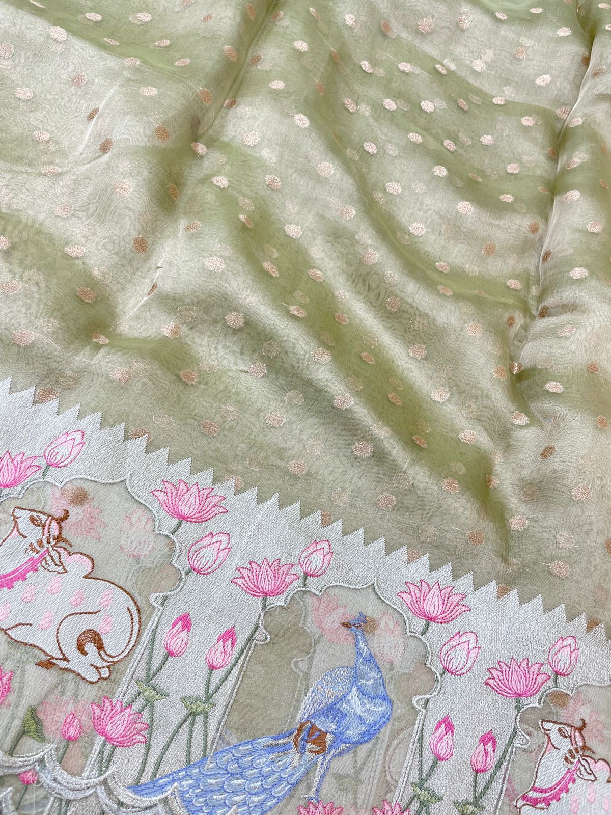Pure Tissue Zari Butti With Multi Embroidery (Color Available)
