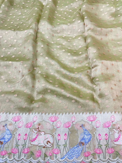 Pure Tissue Zari Butti With Multi Embroidery (Color Available)