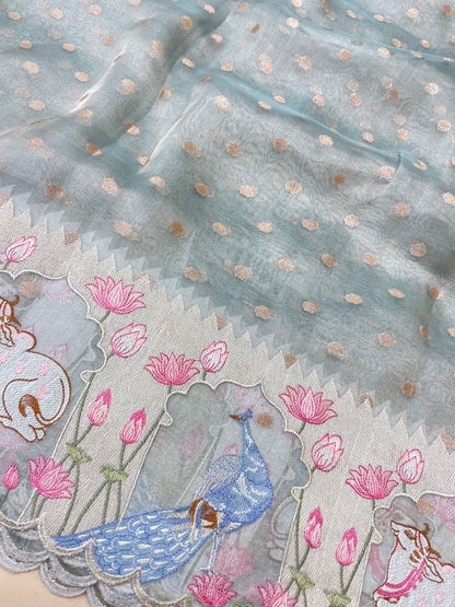Pure Tissue Zari Butti With Multi Embroidery (Color Available)