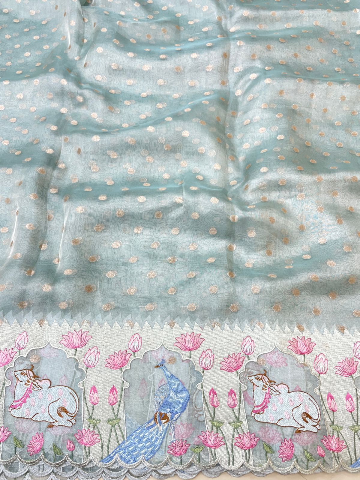 Pure Tissue Zari Butti With Multi Embroidery (Color Available)