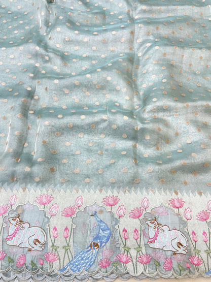 Pure Tissue Zari Butti With Multi Embroidery (Color Available)
