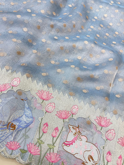 Pure Tissue Zari Butti With Multi Embroidery (Color Available)