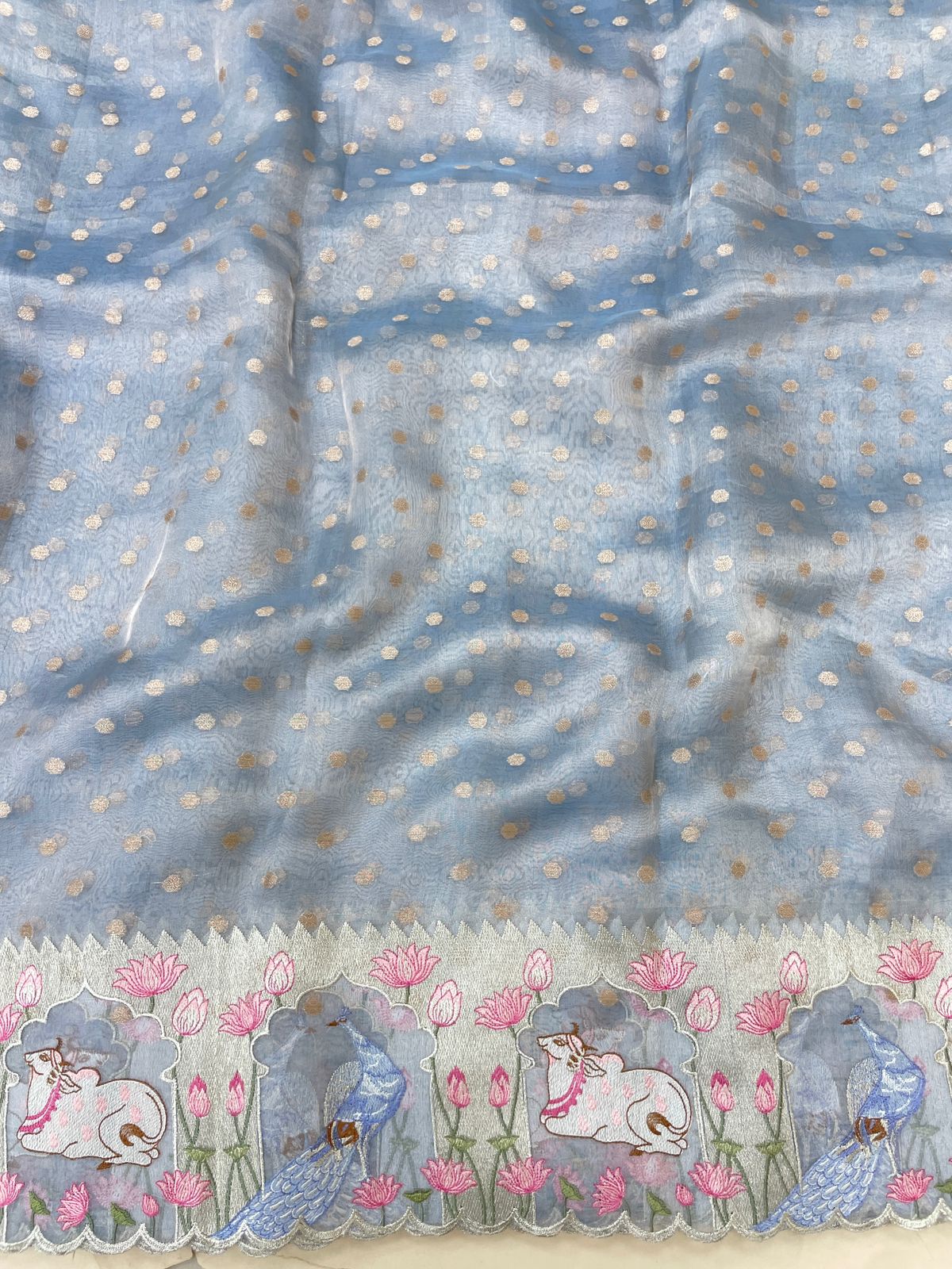 Pure Tissue Zari Butti With Multi Embroidery (Color Available)