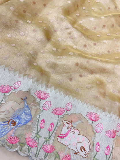 Pure Tissue Zari Butti With Multi Embroidery (Color Available)
