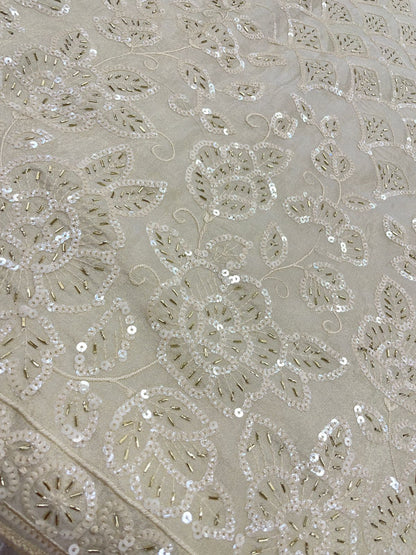 Elegant Sequin And Beads Embroidery On Dyeable Tissue Fabric