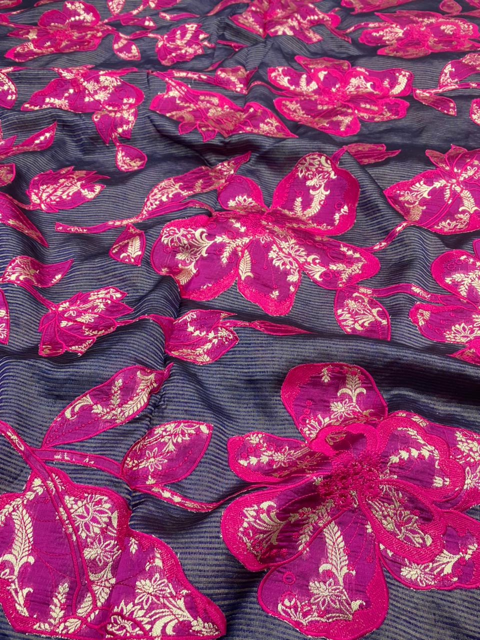 Pure Dupion Silk With Applique Work (Color Available) 44"Inch