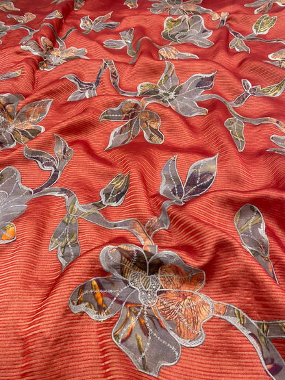 Pure Dupion Silk With Applique Work (Color Available) 44"Inch