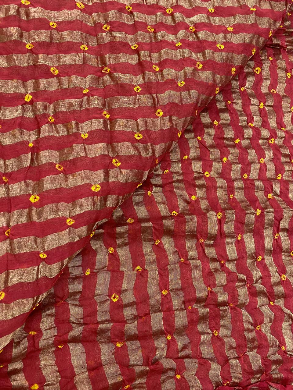 Pure Chanderi Tissue Stripes With Hand Bandhni (Color Available)