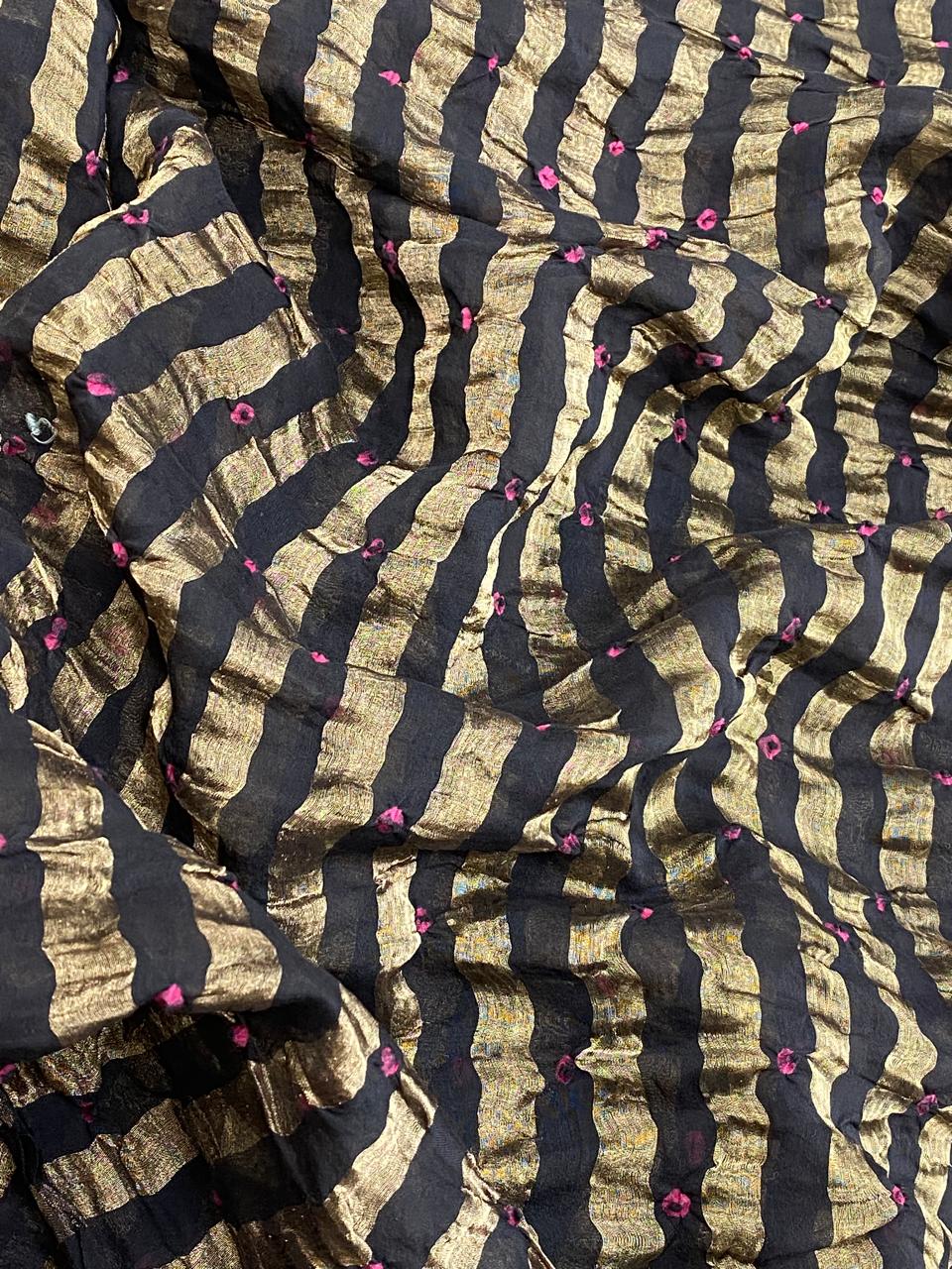 Pure Chanderi Tissue Stripes With Hand Bandhni (Color Available)