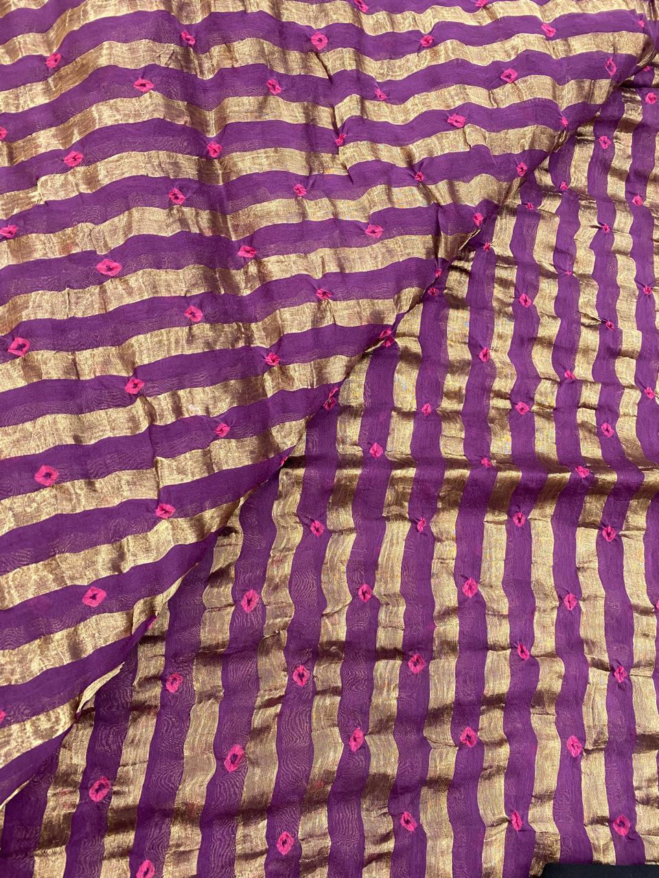 Pure Chanderi Tissue Stripes With Hand Bandhni (Color Available)