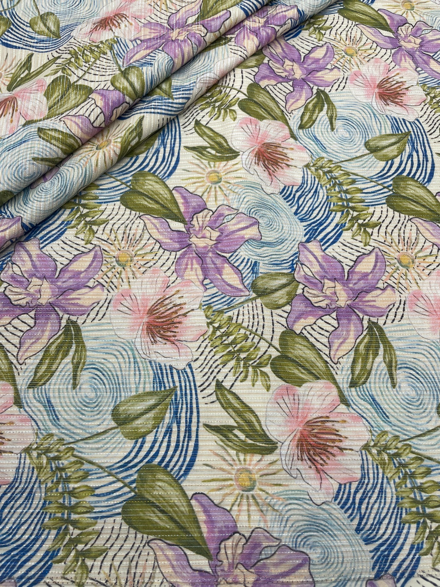 Cotton Self Stripes Embroidery With Print