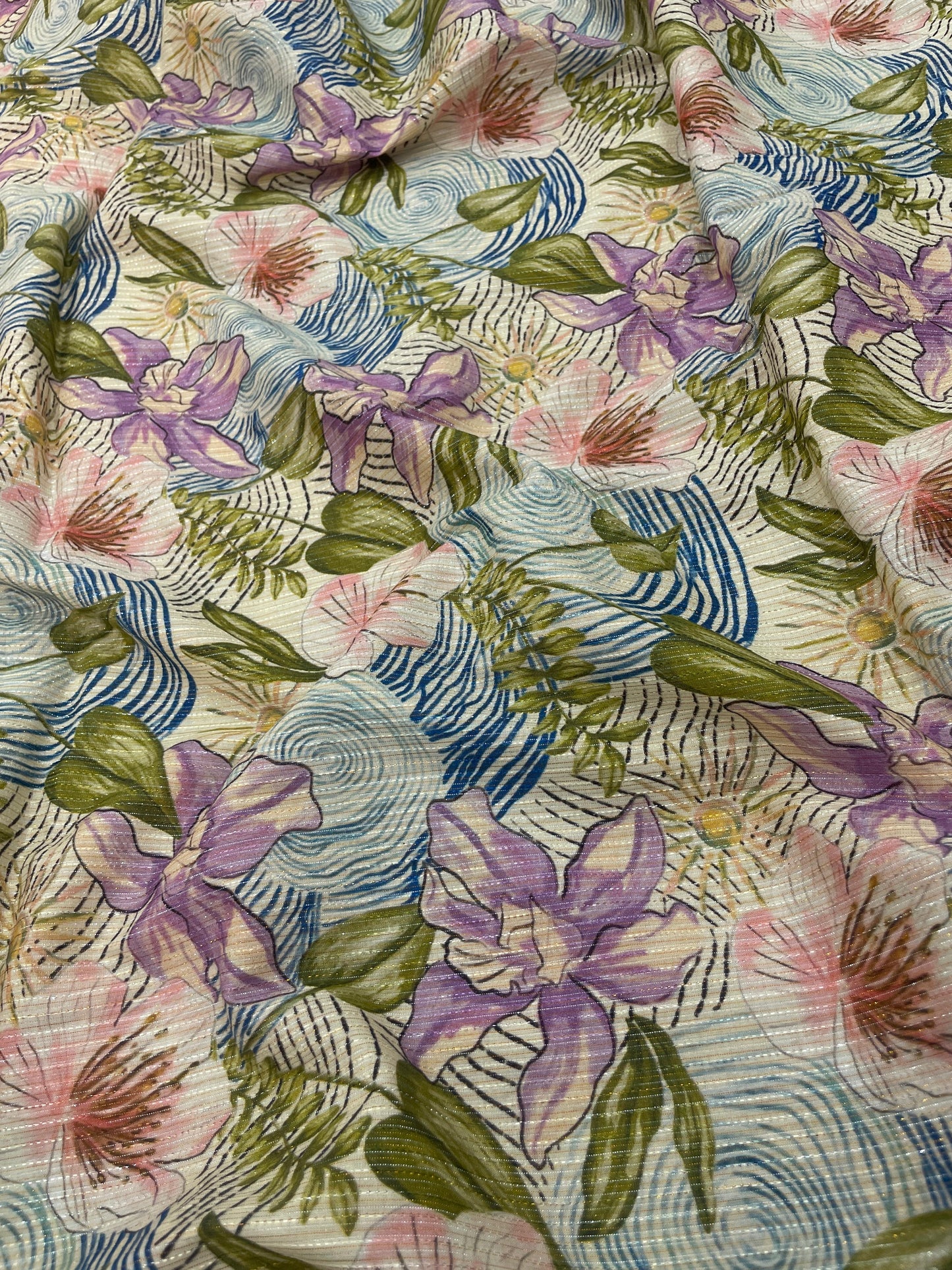 Cotton Self Stripes Embroidery With Print