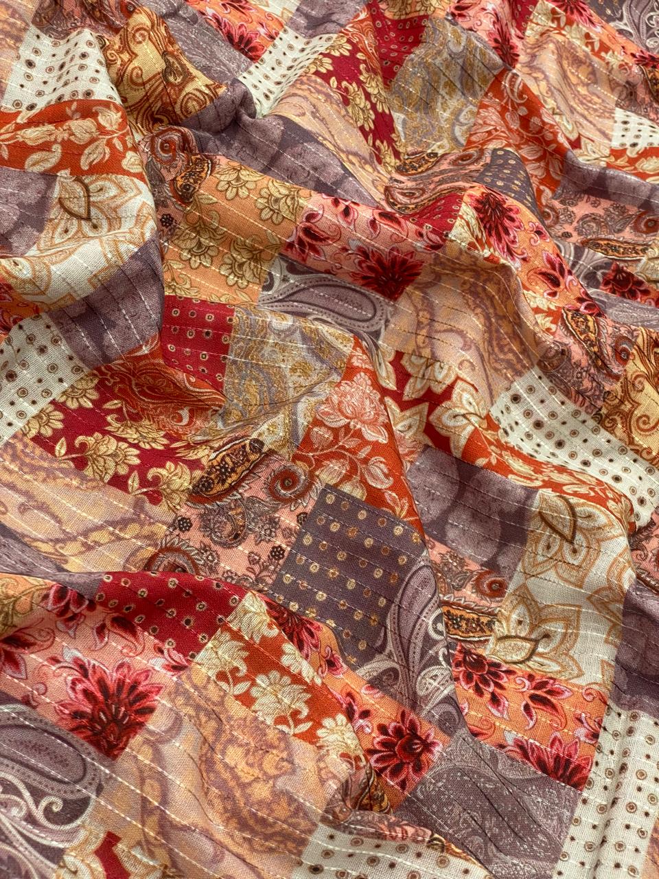 Cotton Self Stripes Embroidery With Print