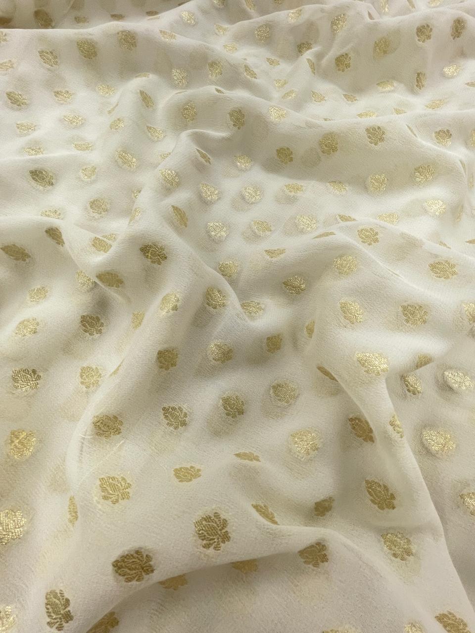 Floral Golden Zari Work On Pure Khadi Georgette Dyeable Fabric