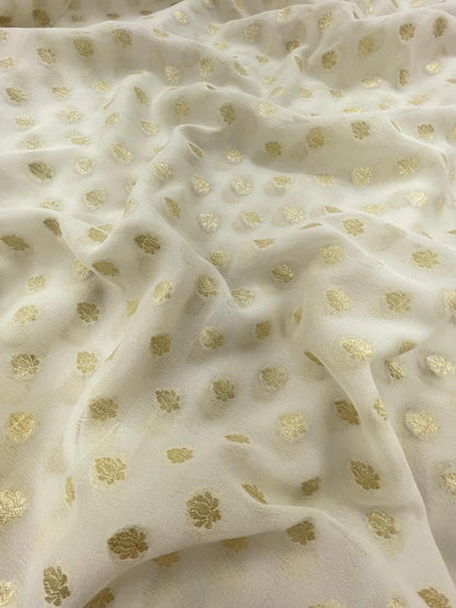 Floral Golden Zari Work On Pure Khadi Georgette Dyeable Fabric