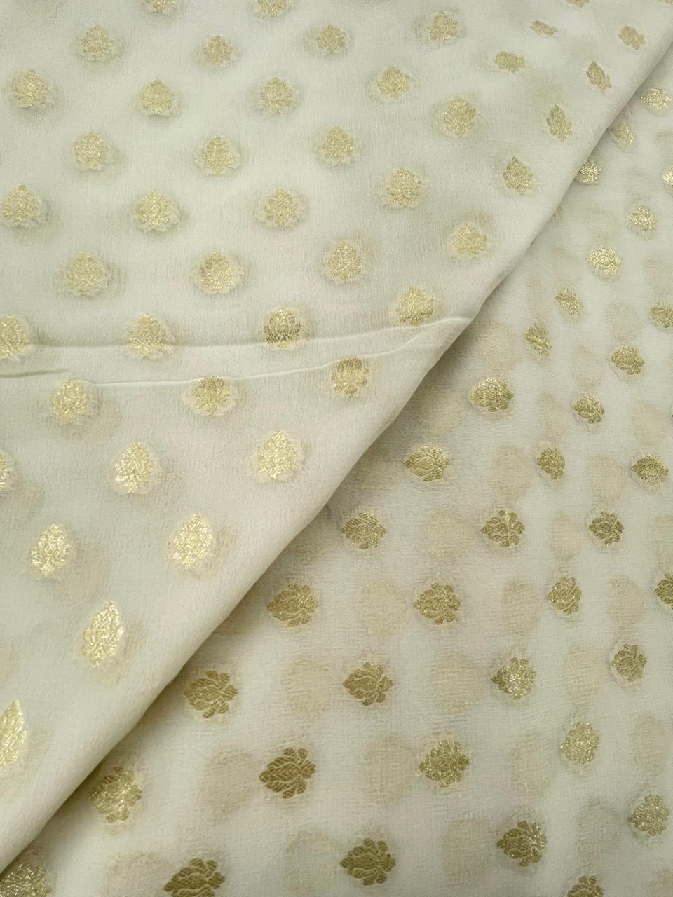 Floral Golden Zari Work On Pure Khadi Georgette Dyeable Fabric