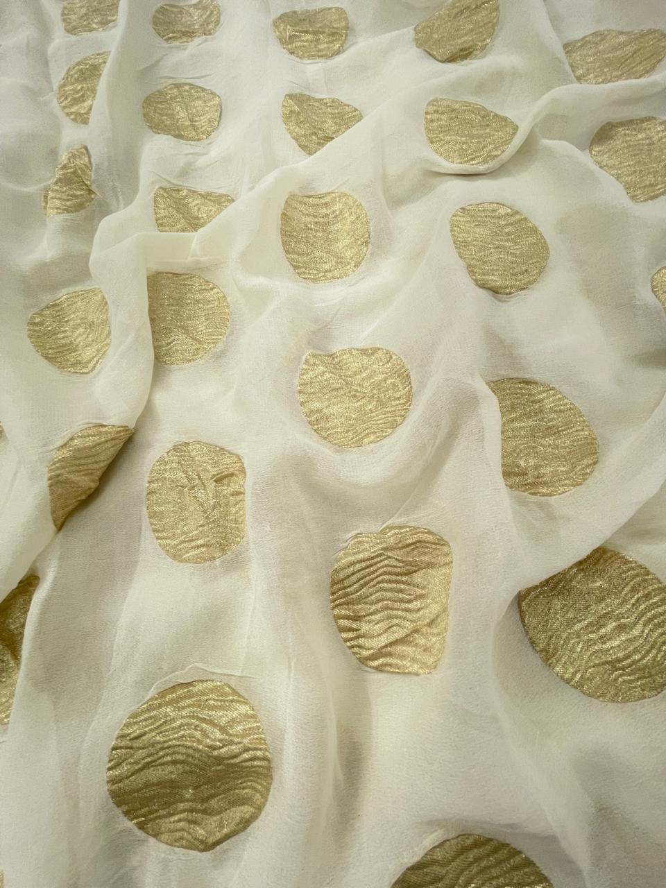 Golden Zari Work On Pure Khadi Georgette Dyeable Fabric