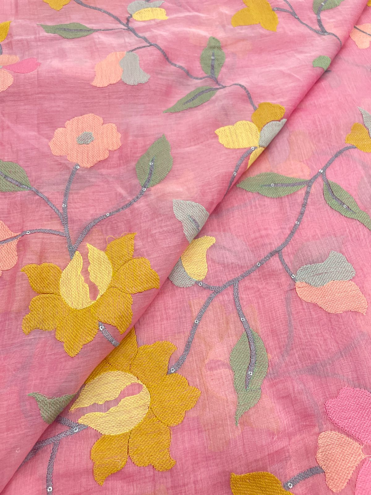 Silk Chanderi Multithread Embroidery 44" Inch (Colors Available)