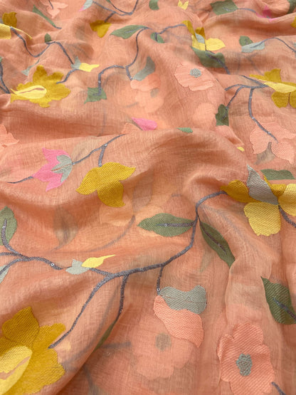 Silk Chanderi Multithread Embroidery 44" Inch (Colors Available)