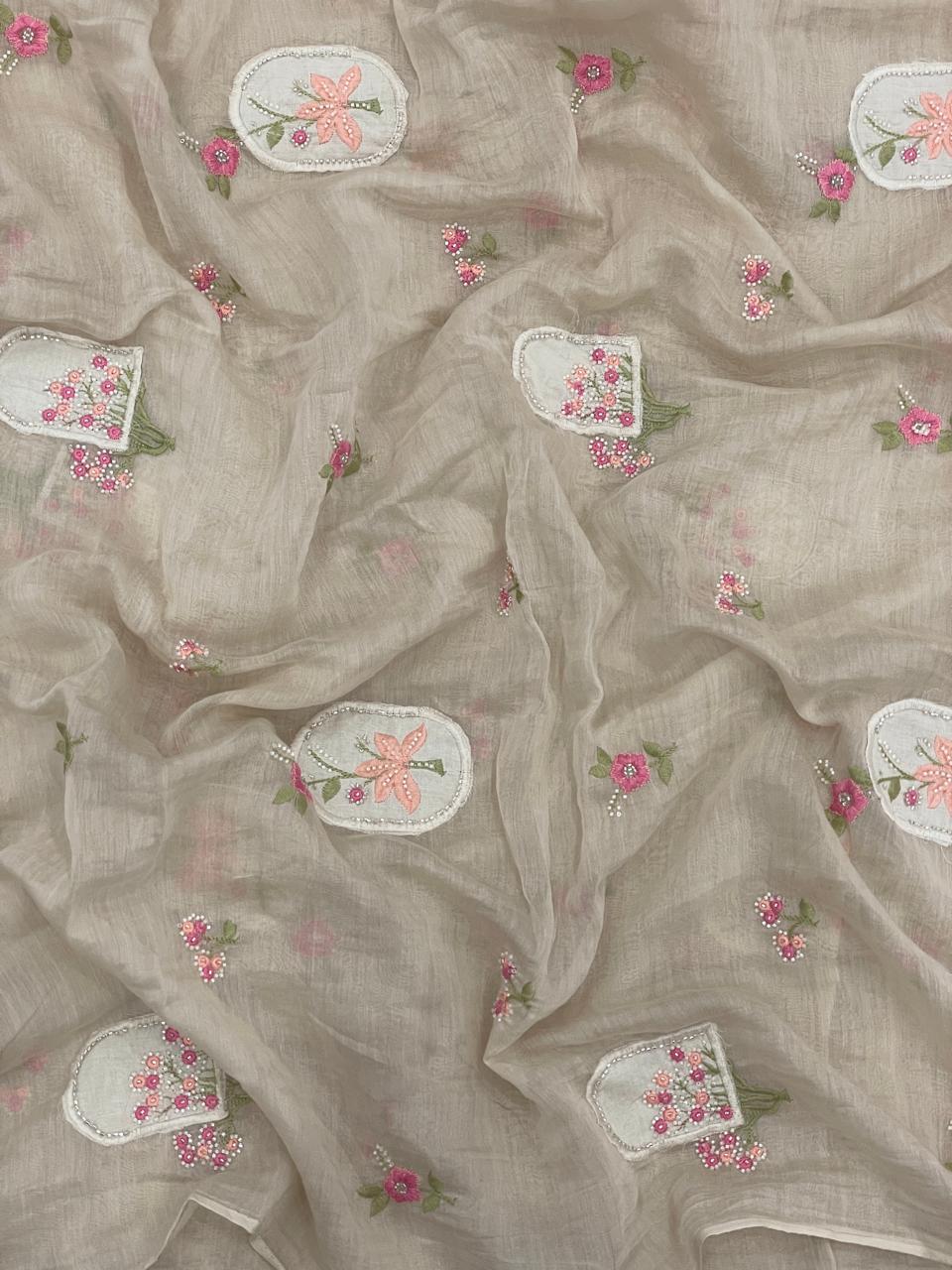 Silk Mul Chanderi Applique Work With Embroidery