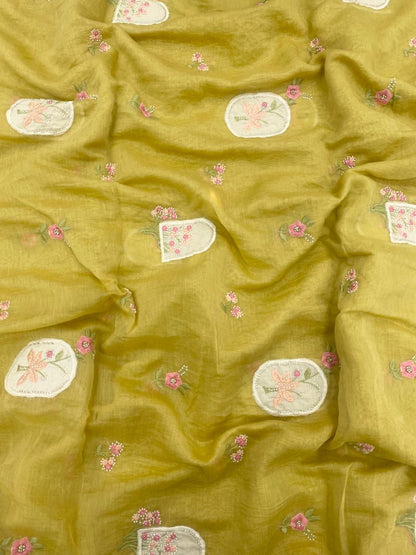 Silk Mul Chanderi Applique Work With Embroidery