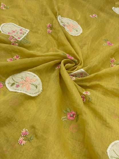 Silk Mul Chanderi Applique Work With Embroidery