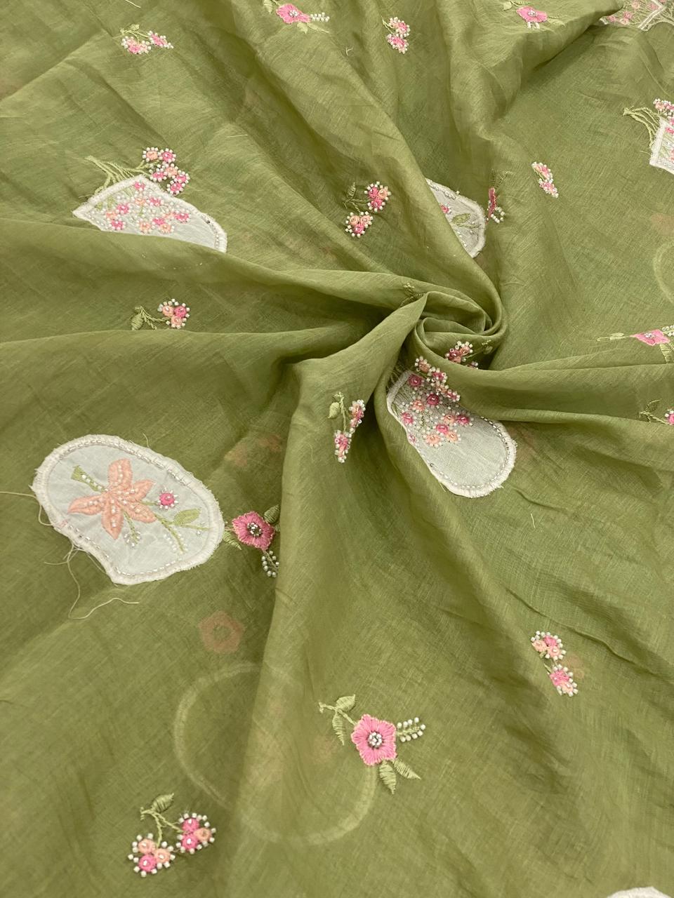 Silk Mul Chanderi Applique Work With Embroidery