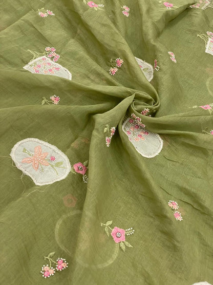 Silk Mul Chanderi Applique Work With Embroidery