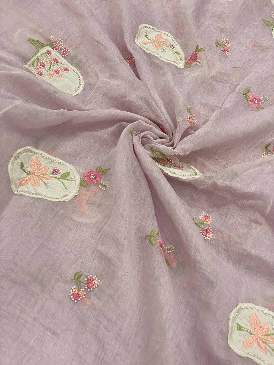 Silk Mul Chanderi Applique Work With Embroidery