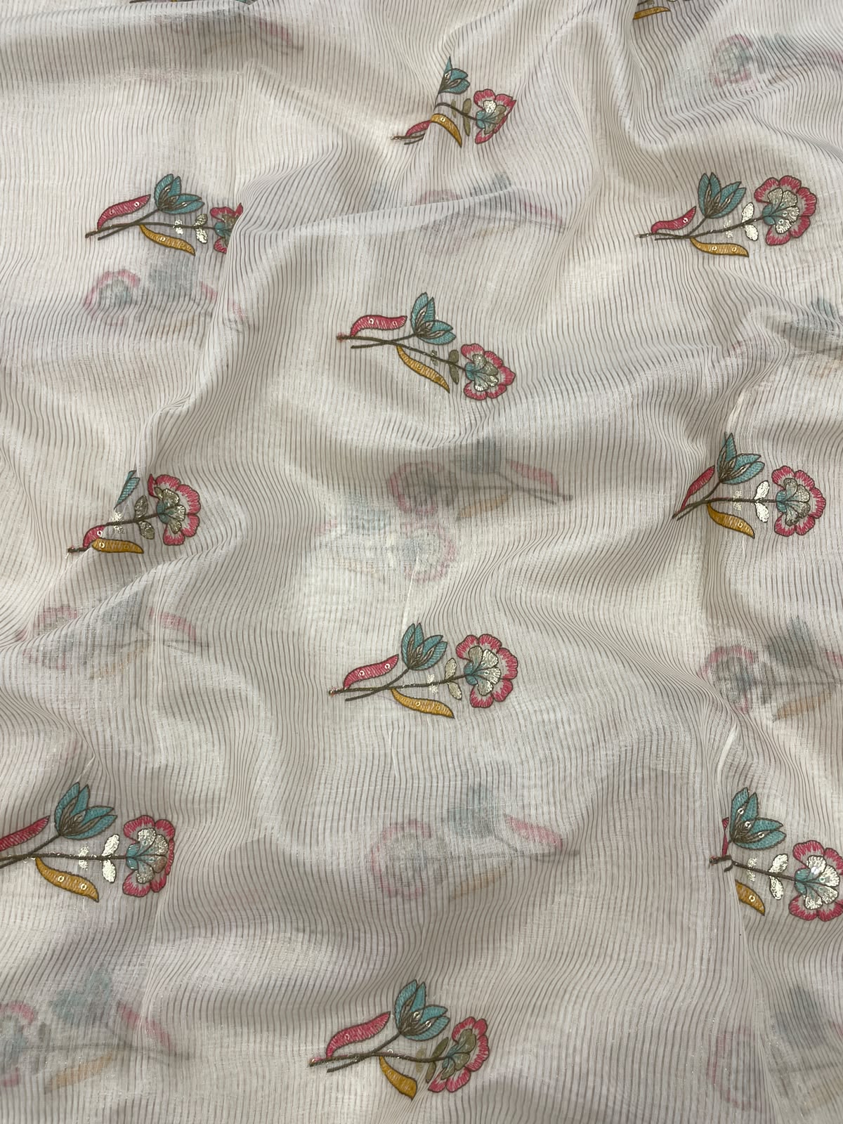 Dyeable Chanderi Silk Tissue Stripes With Multithread Embroidery