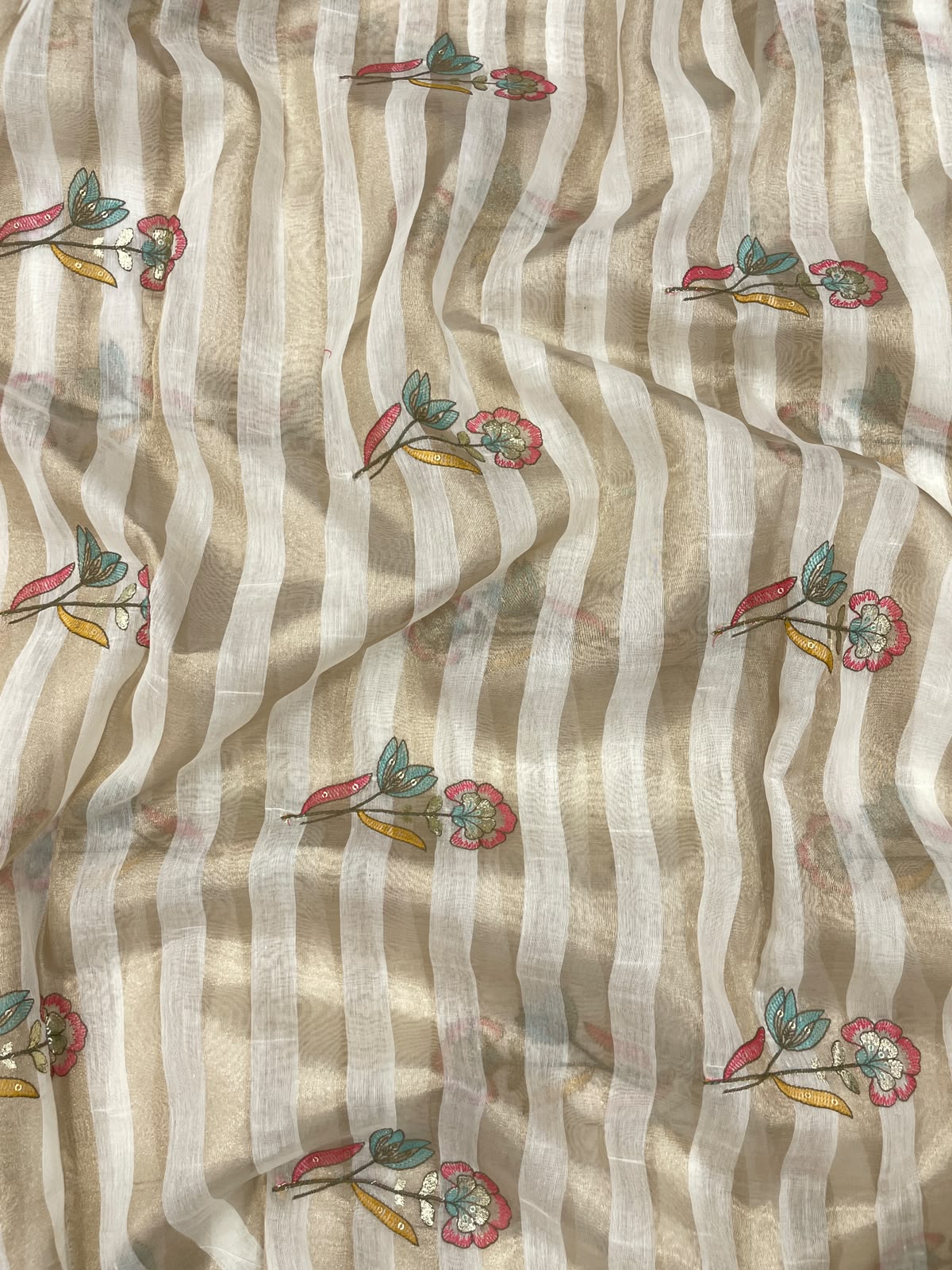 Dyeable Chanderi Silk Tissue Stripes With Multithread Embroidery