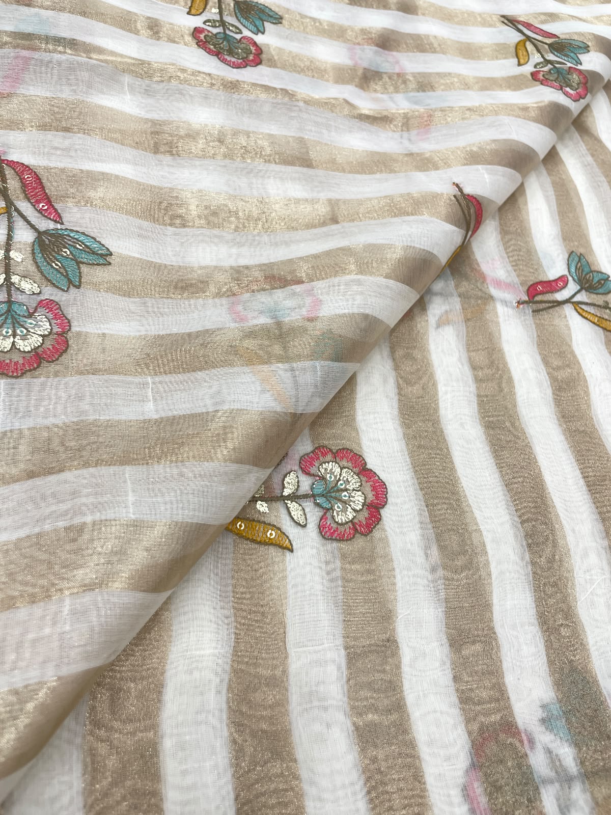 Dyeable Chanderi Silk Tissue Stripes With Multithread Embroidery