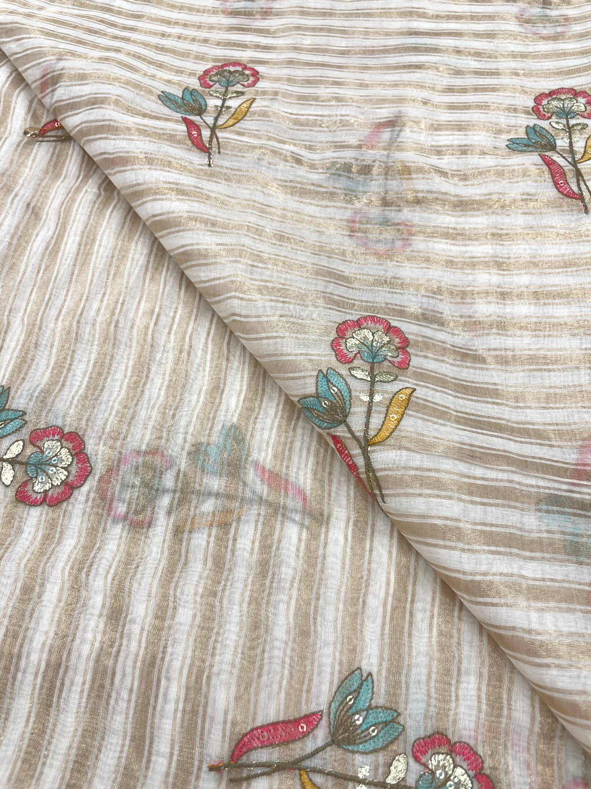 Dyeable Chanderi Silk Tissue Stripes With Multithread Embroidery