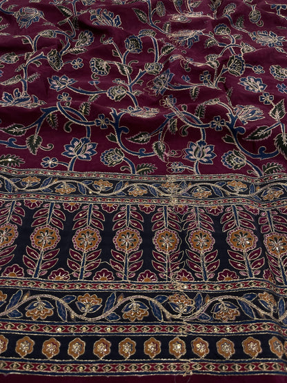Crepe Ajrak With Position Print Embroidery (54"inch)