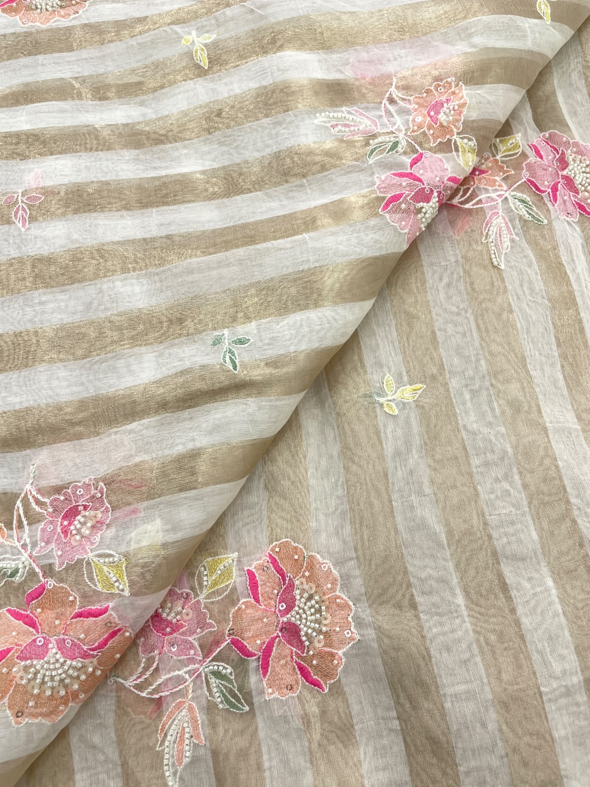 Dyeable Chanderi Silk Tissue Stripes With Embroidery