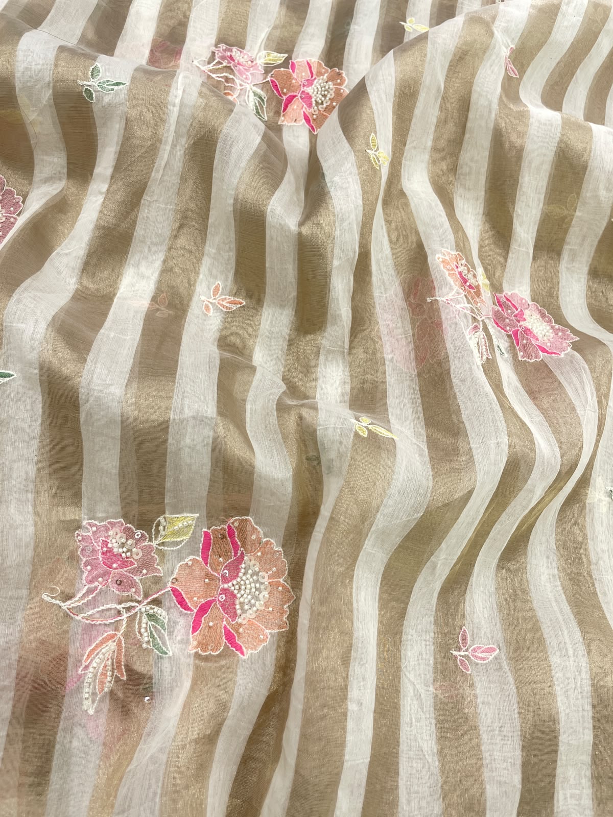 Dyeable Chanderi Silk Tissue Stripes With Embroidery
