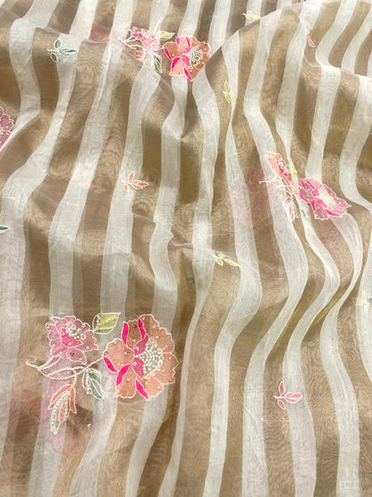 Dyeable Chanderi Silk Tissue Stripes With Embroidery