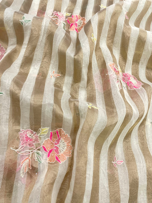 Dyeable Chanderi Silk Tissue Stripes With Embroidery