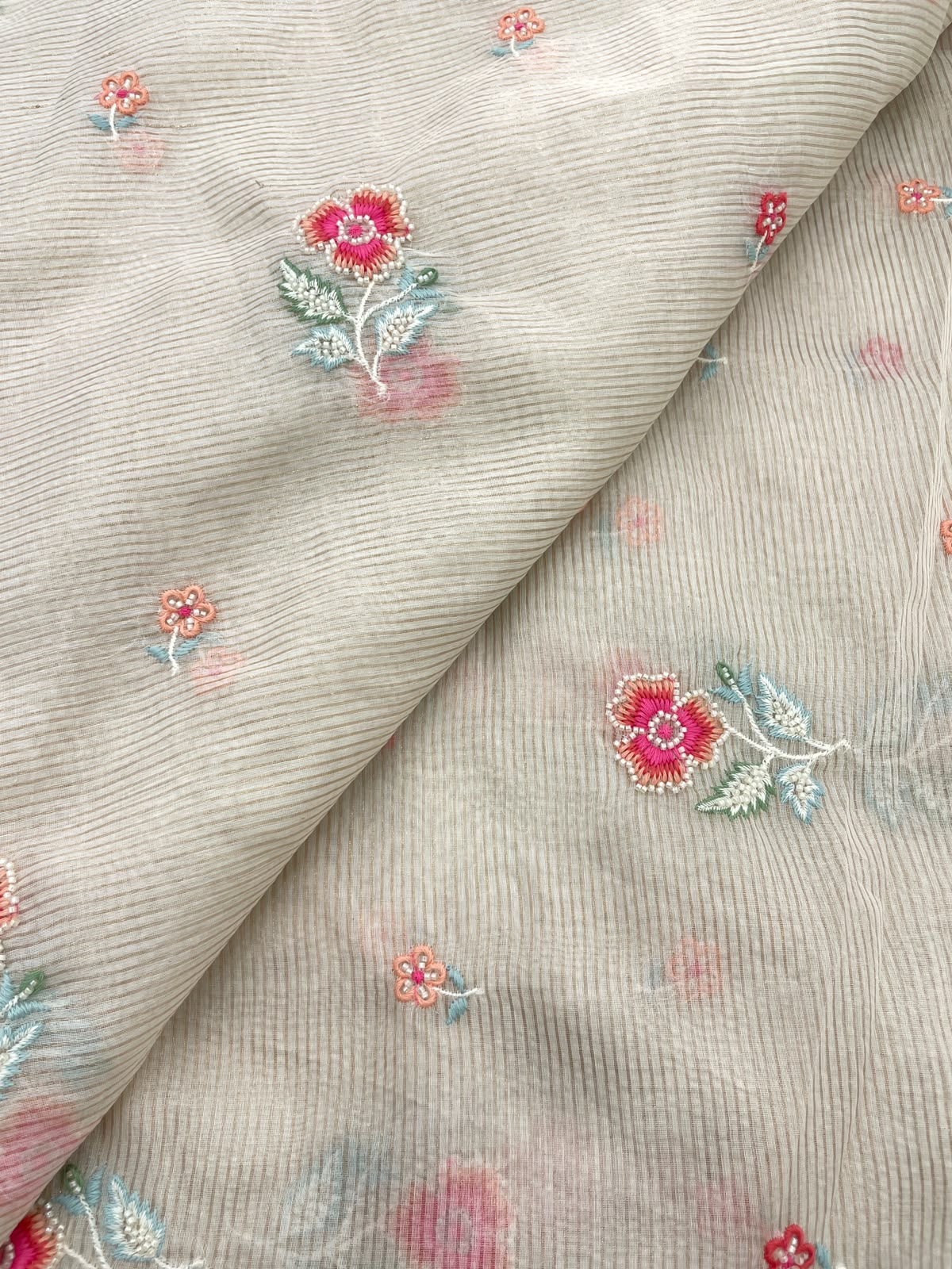 Dyeable Chanderi Silk Tissue Stripes With Multithread Embroidery