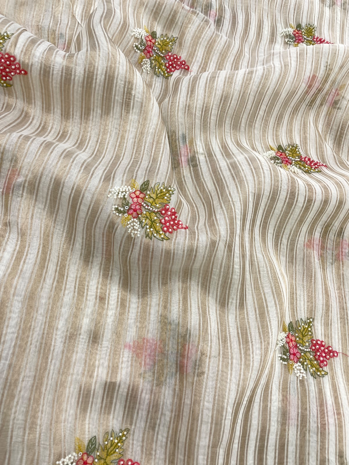 Dyeable Chanderi Silk Tissue Stripes With Multithread Embroidery