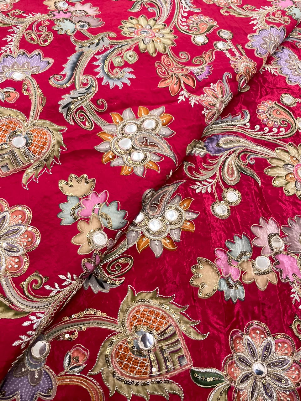 Crepe Position Print Embroidery With Mirror Work 44"Inch (Colours Available)