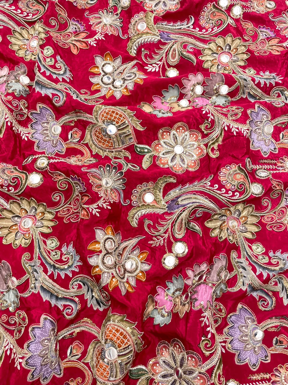 Crepe Position Print Embroidery With Mirror Work 44"Inch (Colours Available)