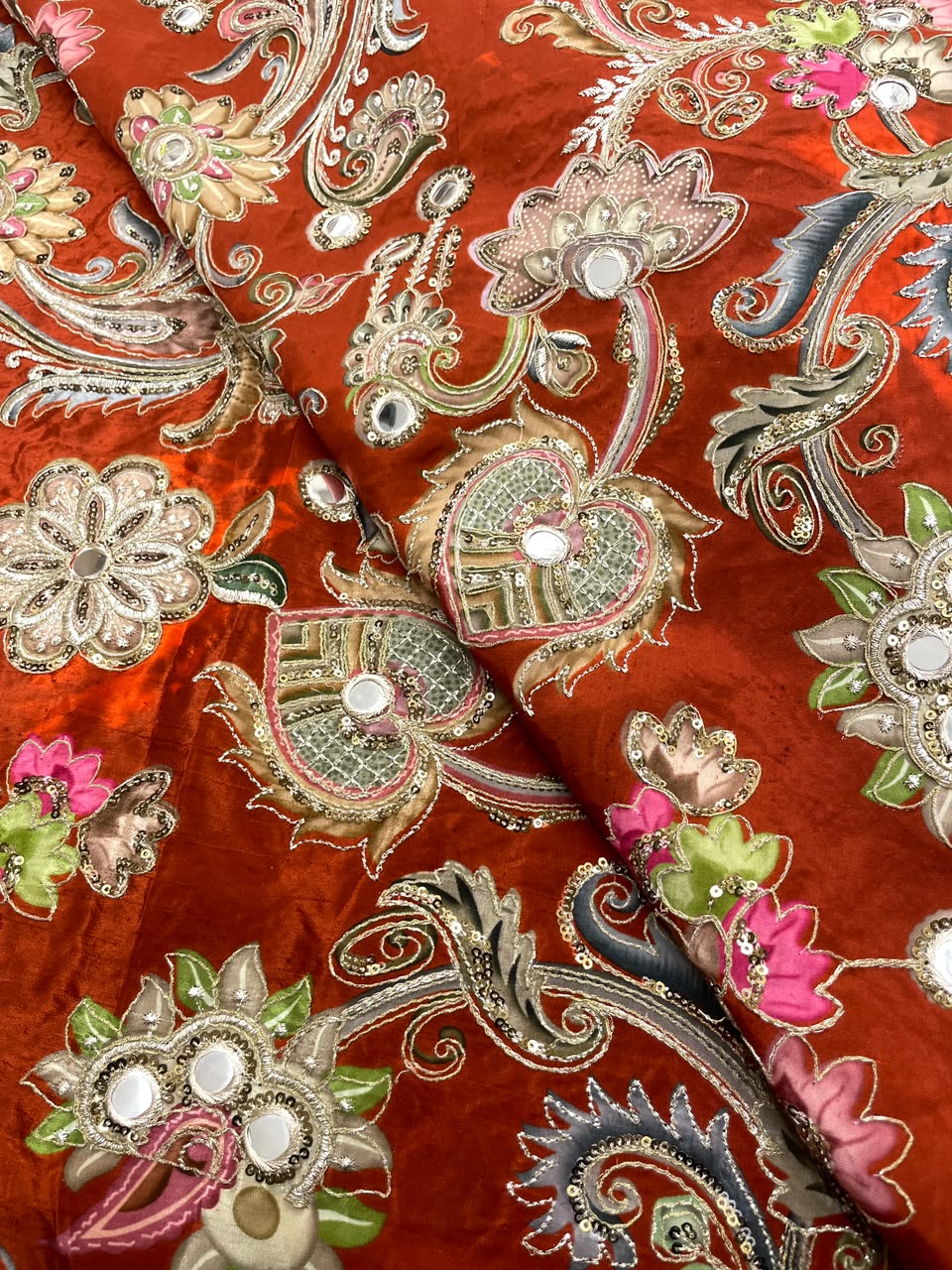 Crepe Position Print Embroidery With Mirror Work 44"Inch (Colours Available)