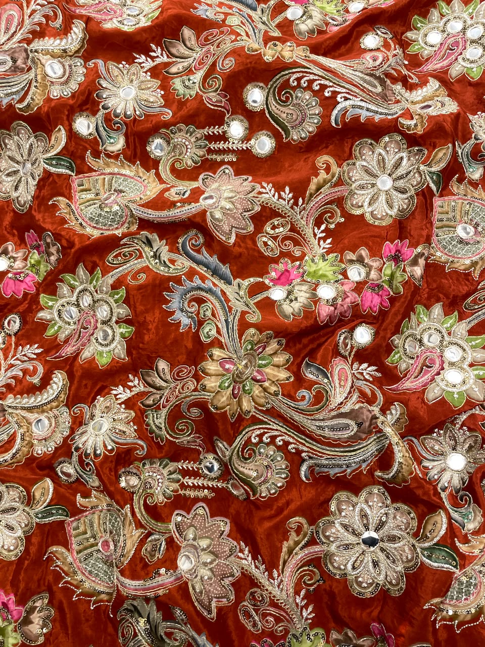 Crepe Position Print Embroidery With Mirror Work 44"Inch (Colours Available)