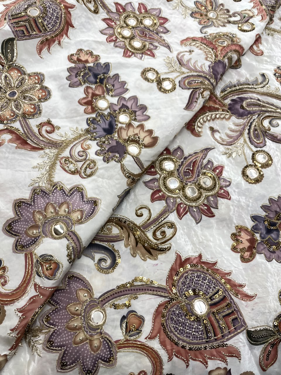 Crepe Position Print Embroidery With Mirror Work 44"Inch (Colours Available)