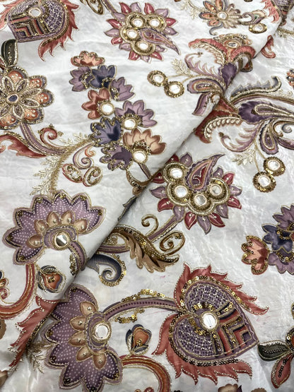 Crepe Position Print Embroidery With Mirror Work 44"Inch (Colours Available)