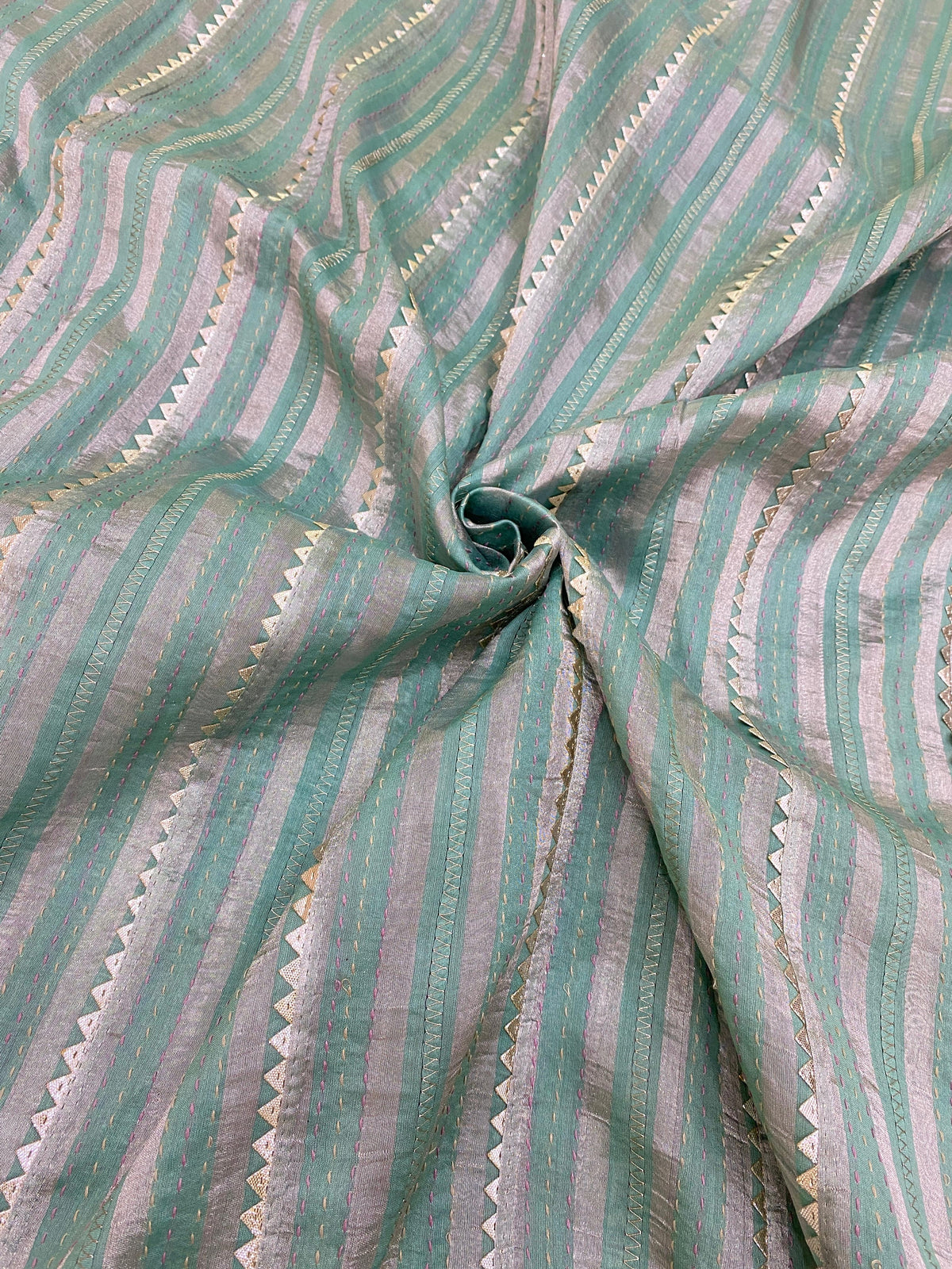 Pure Silk Tissue Stripe With Hand Katha With Gota Work