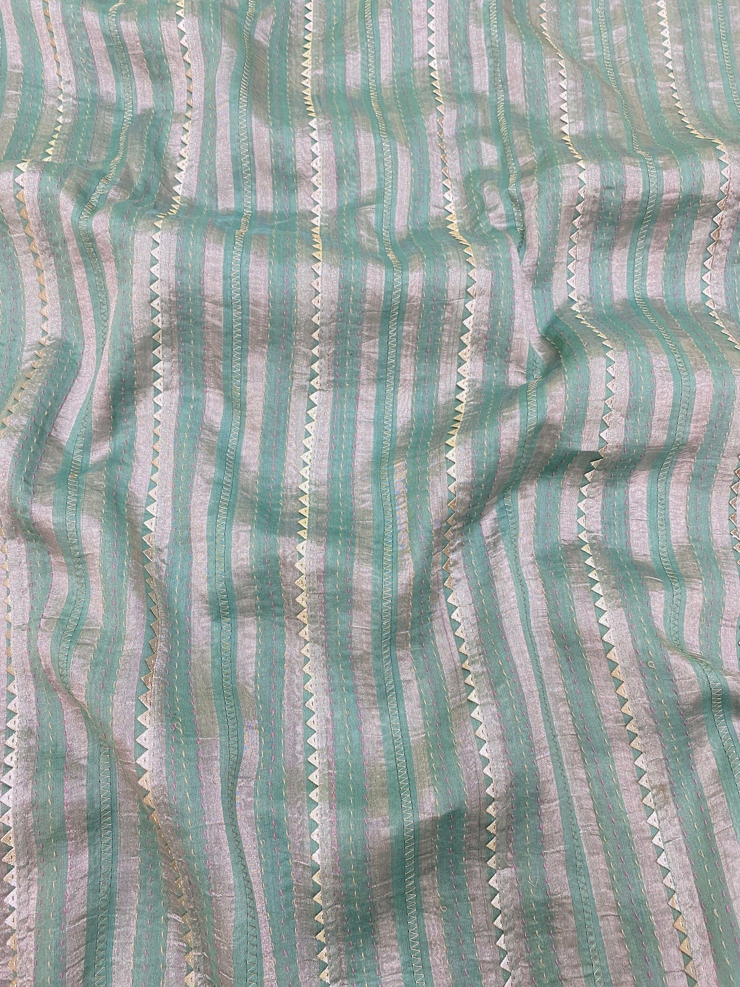 Pure Silk Tissue Stripe With Hand Katha With Gota Work