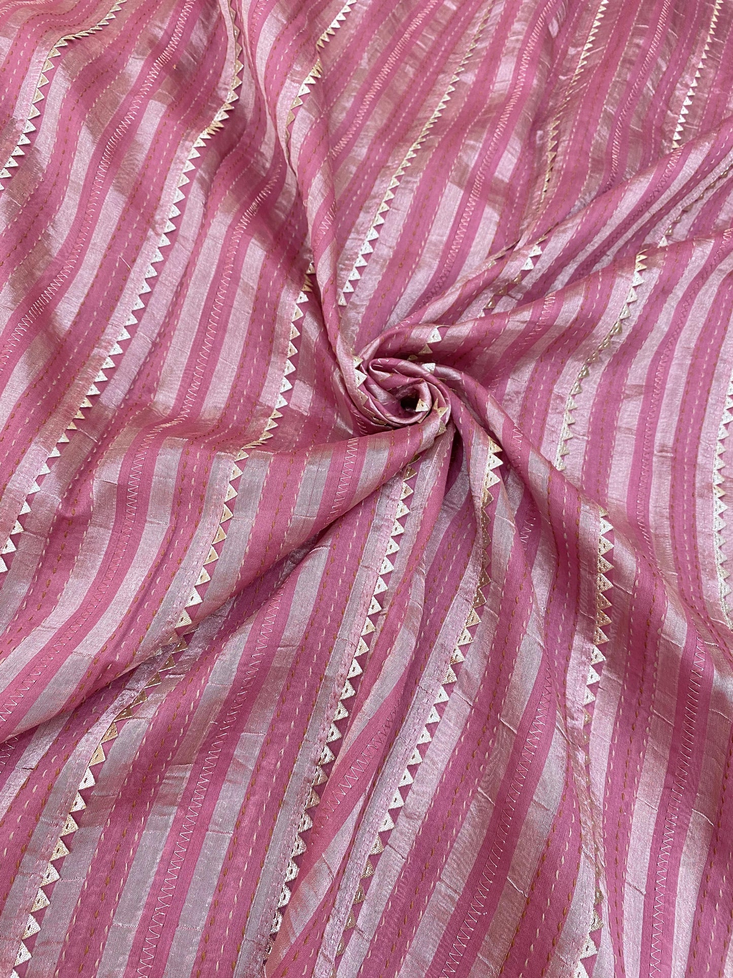 Pure Silk Tissue Stripe With Hand Katha With Gota Work