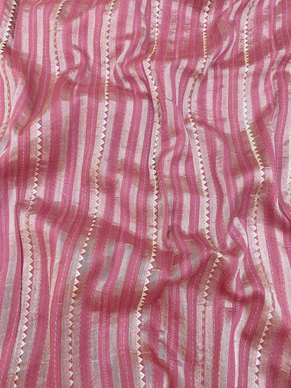 Pure Silk Tissue Stripe With Hand Katha With Gota Work